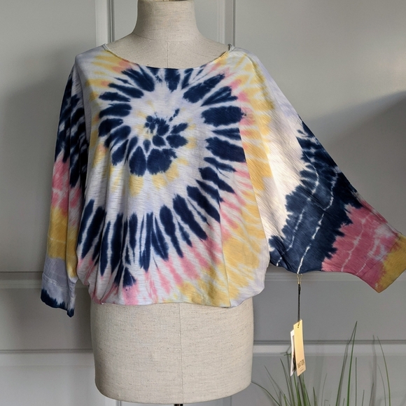 Nation LTD Top Crop Pima Cotton Spiral Tie Dye Elbow Length Batwing Multi L NWT - Picture 3 of 14